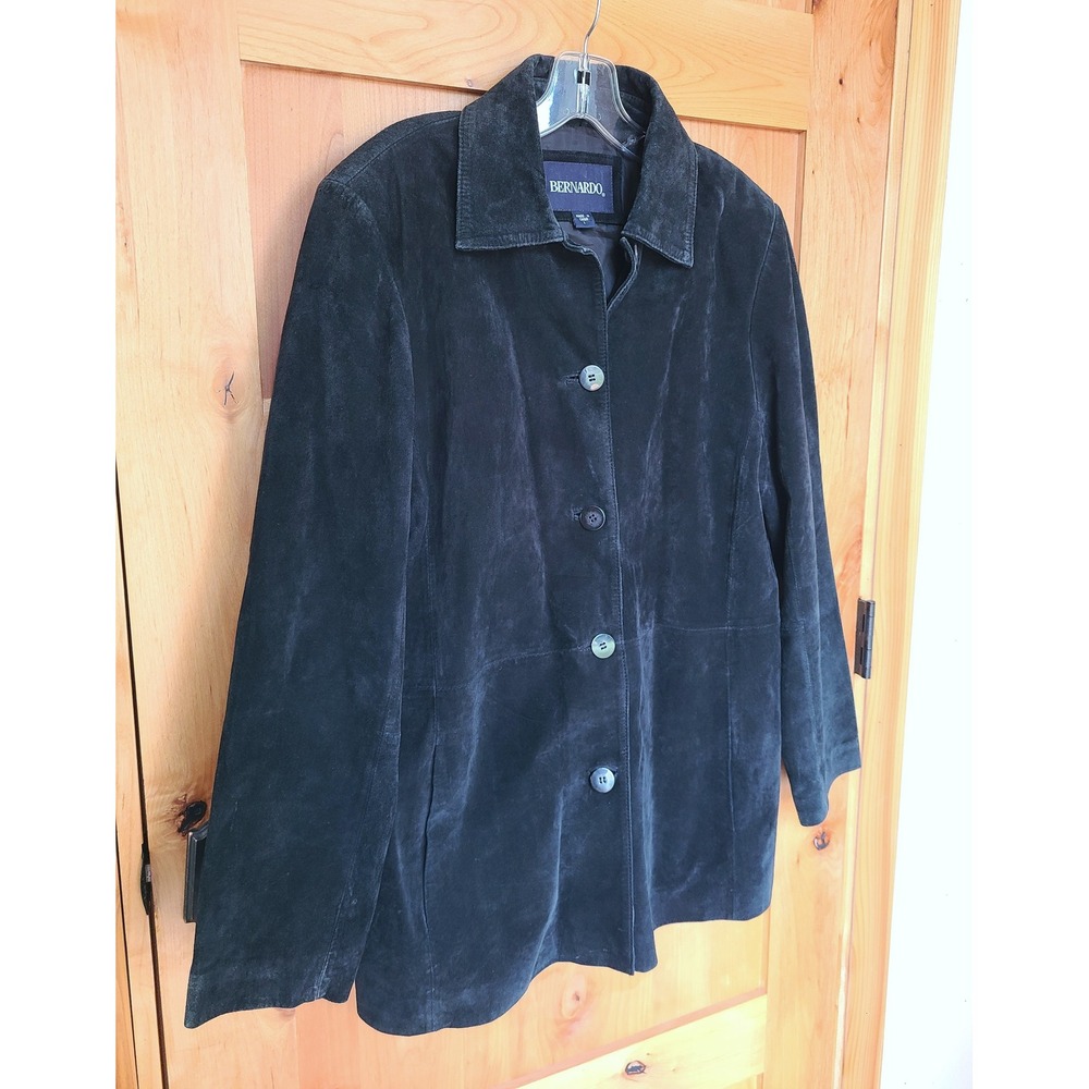 Vintage Y2K Bernardo Black Suede Leather Jacket LARGE Button Front Mid Length L - Picture 9 of 9